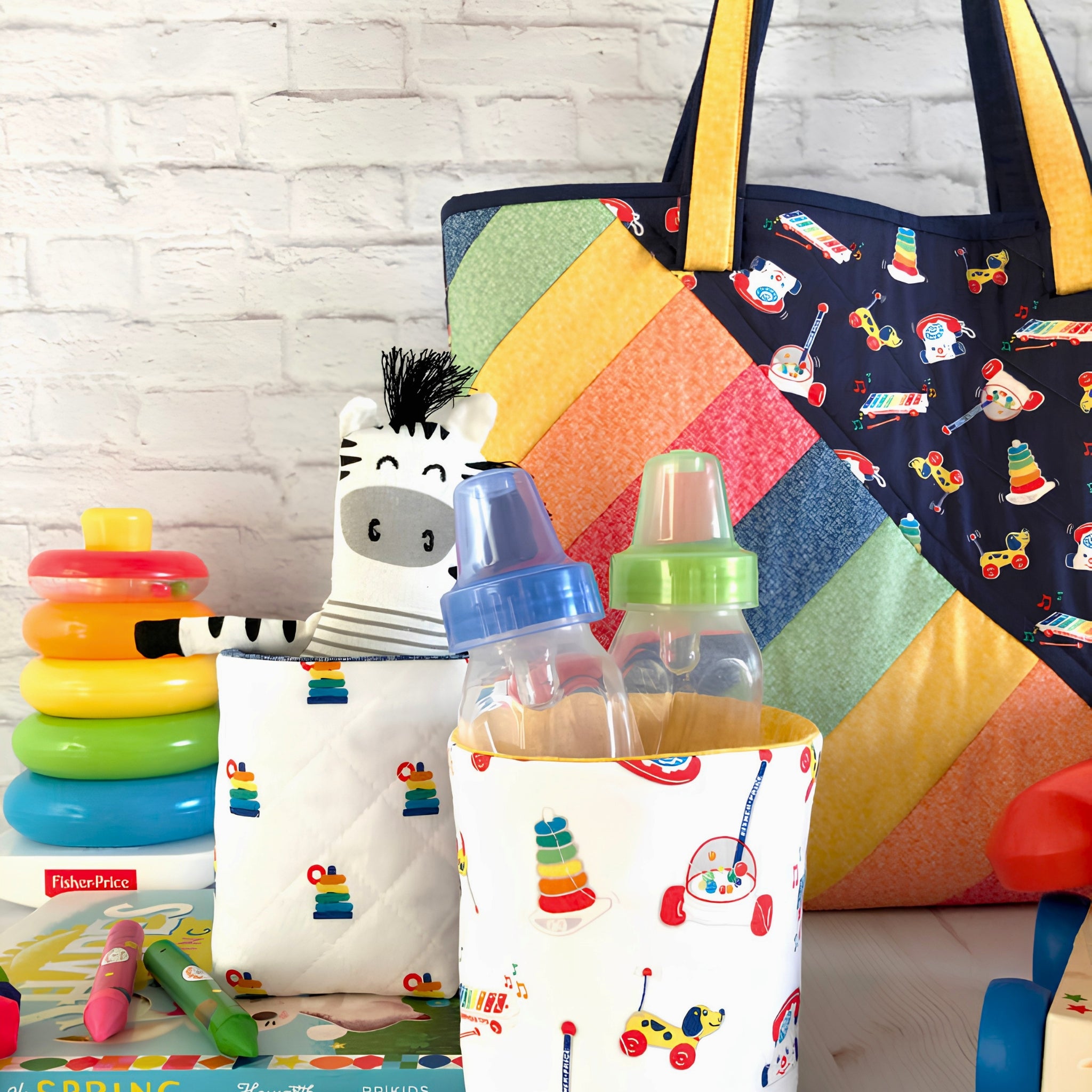 Fisher Price fabric baby bag tote pouch Rock-a-Stack toys Riley Blake novelty kids quilting cotton sewing project ideas