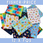 Fisher-Price rainbow xylophone and toy print fabrics with multicolour dots for children's quilts and patchwork projects