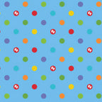 Rainbow multicolour spots sky blue novelty fabric for children's quilts play mats and nursery décor