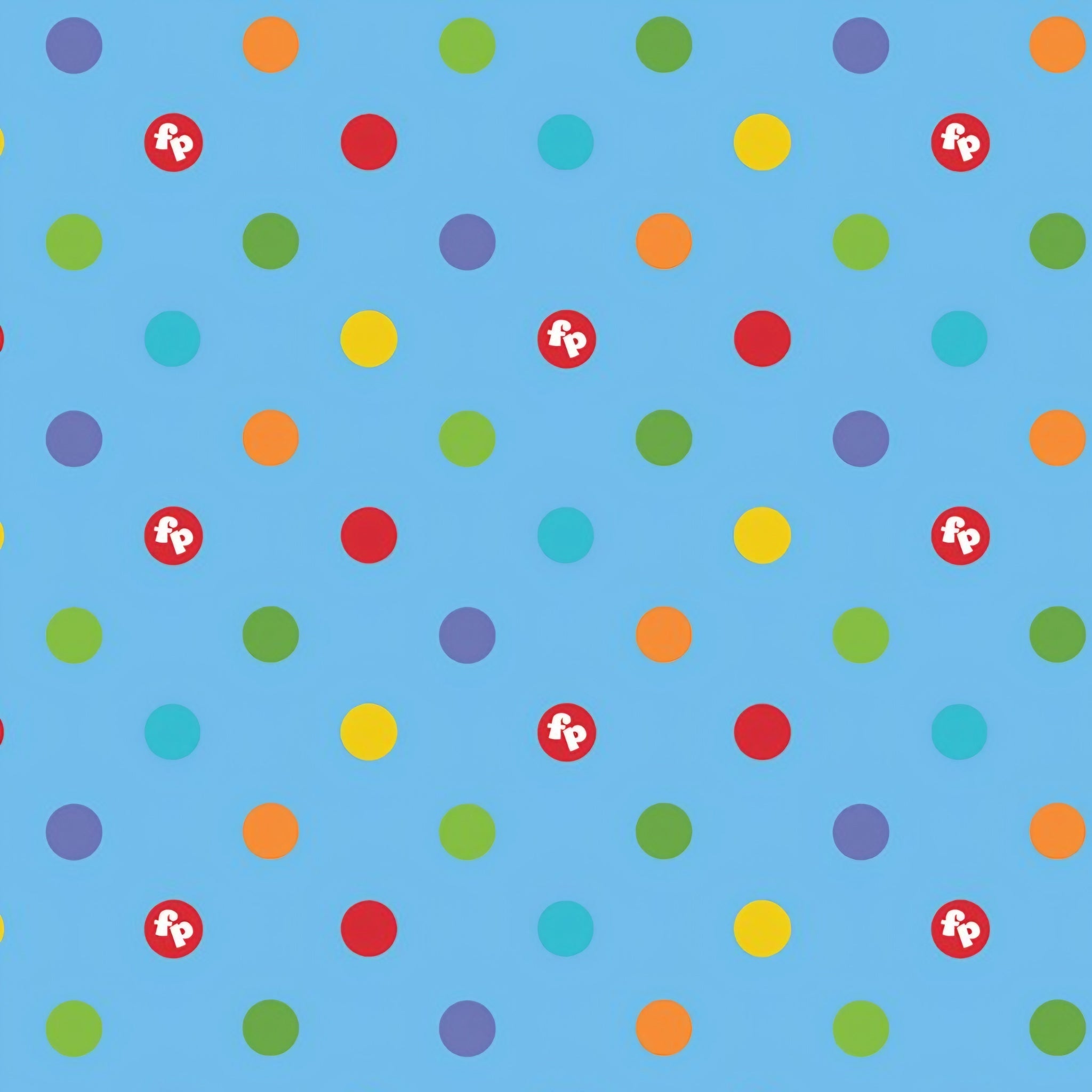 Rainbow multicolour spots sky blue novelty fabric for children's quilts play mats and nursery décor