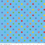 Rainbow multicolour polka dots sky blue novelty fabric for children's quilts play mats and nursery décor