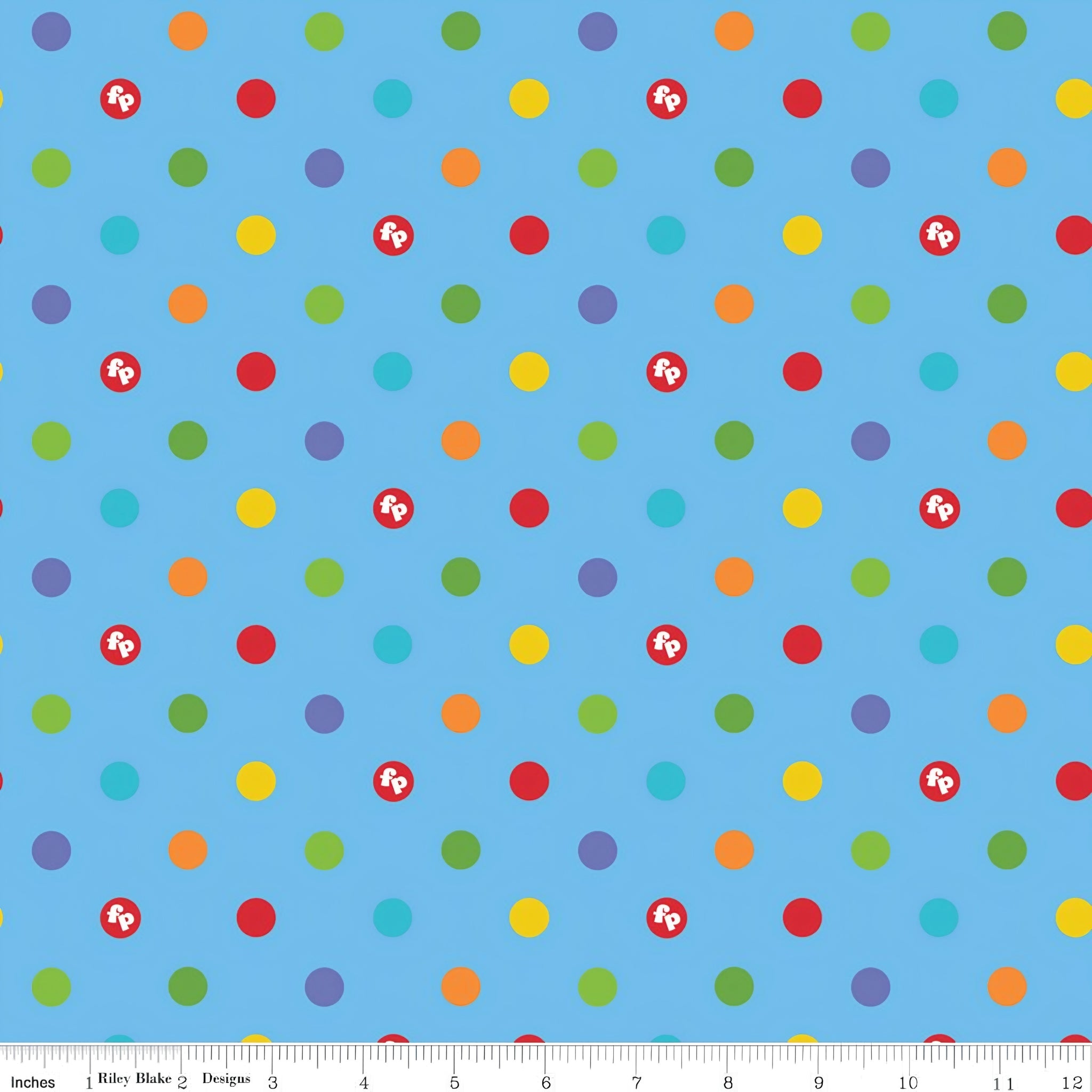 Rainbow multicolour polka dots sky blue novelty fabric for children's quilts play mats and nursery décor