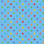 Rainbow multicolour polka dots sky blue novelty fabric for children's quilts play mats and nursery décor