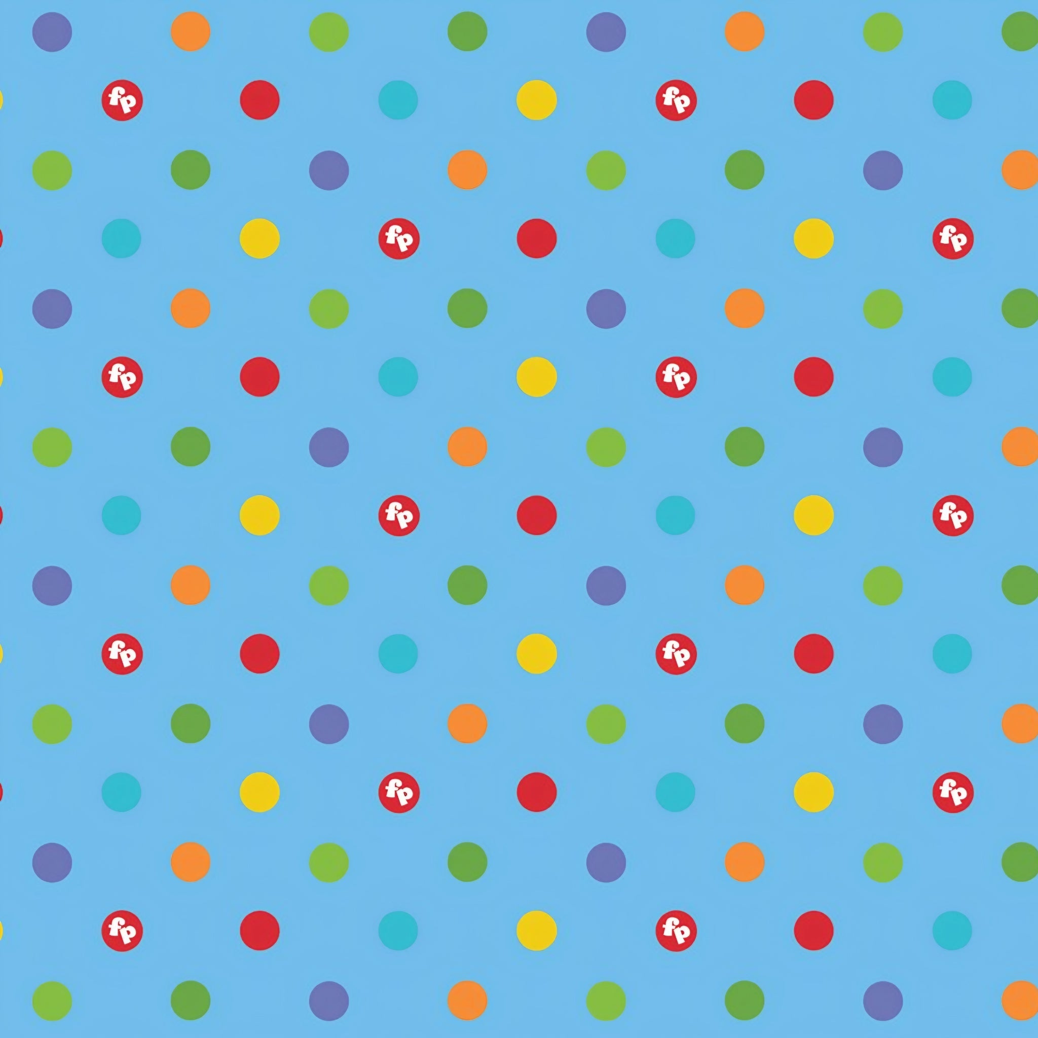 Rainbow multicolour polka dots sky blue novelty fabric for children's quilts play mats and nursery décor