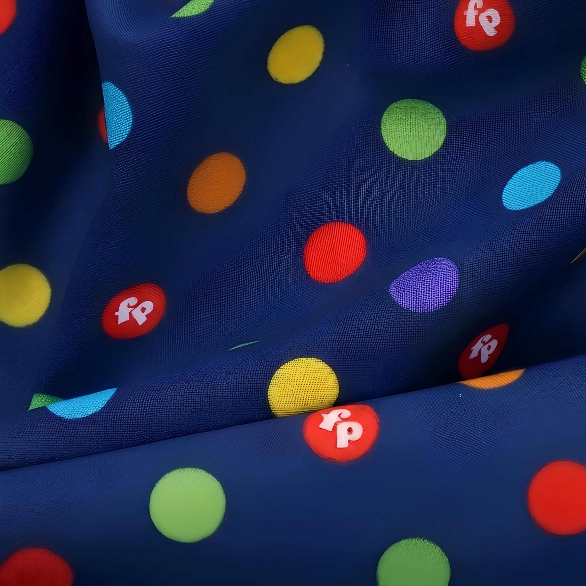 Rainbow multicolour dots deep navy novelty fabric for children's quilts play mats and nursery décor