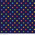 Rainbow multicolour polka dots deep navy novelty fabric for children's quilts play mats and nursery décor
