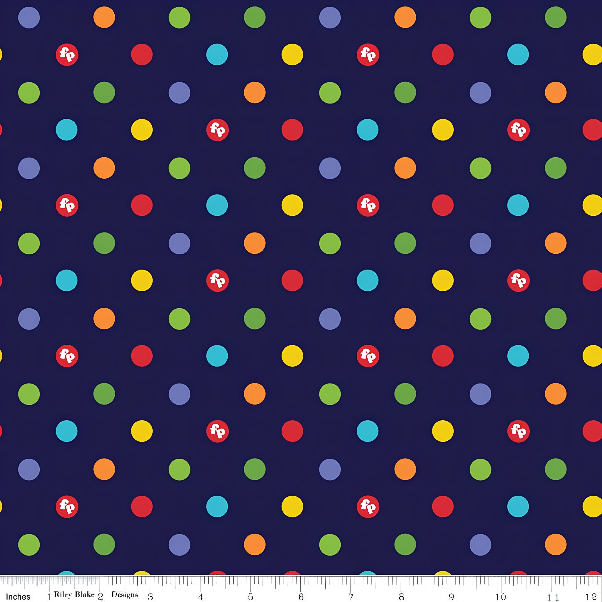 Rainbow multicolour polka dots deep navy novelty fabric for children's quilts play mats and nursery décor