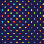 Rainbow multicolour spots deep navy novelty fabric for children's quilts play mats and nursery décor