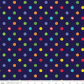 Rainbow coloured dots scattered on a navy blue quilting cotton fabric by Fisher-Price