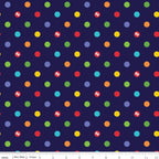 Rainbow coloured dots scattered on a navy blue quilting cotton fabric by Fisher-Price