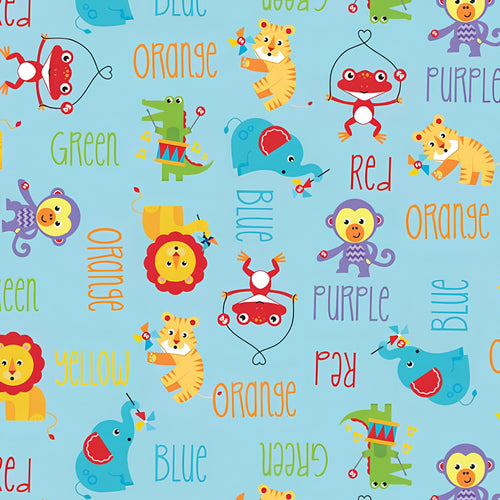 Fisher Price circus animals lions tigers elephants monkeys colour words aqua novelty fabric for children's quilts and nursery décor