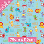 Fisher Price circus animals lions tigers elephants monkeys colour words aqua novelty fabric for children's quilts and nursery décor