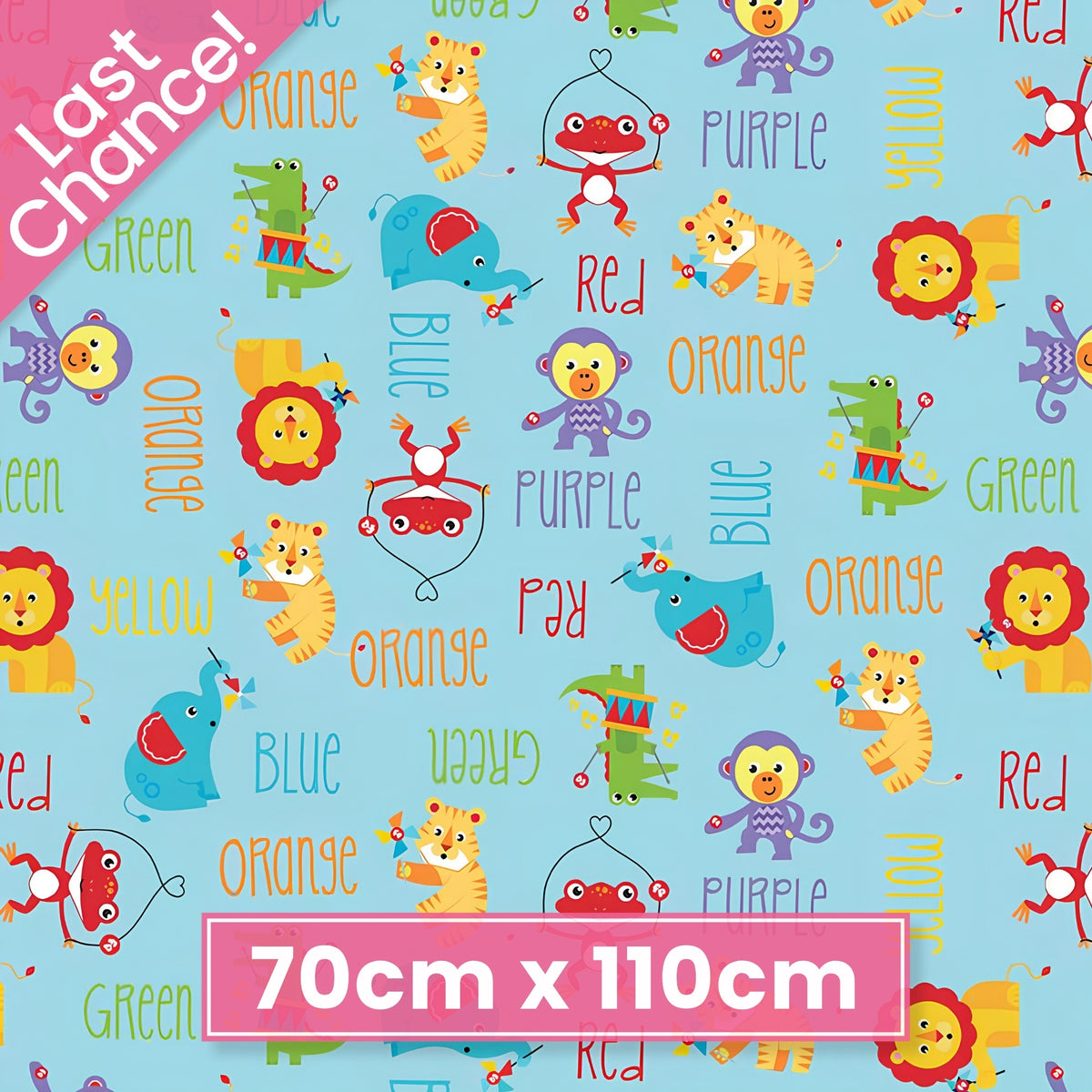 Fisher Price circus animals lions tigers elephants monkeys colour words aqua novelty fabric for children's quilts and nursery décor