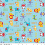 Fisher Price circus animals lions tigers elephants monkeys colour words aqua novelty fabric for children's quilts and nursery décor