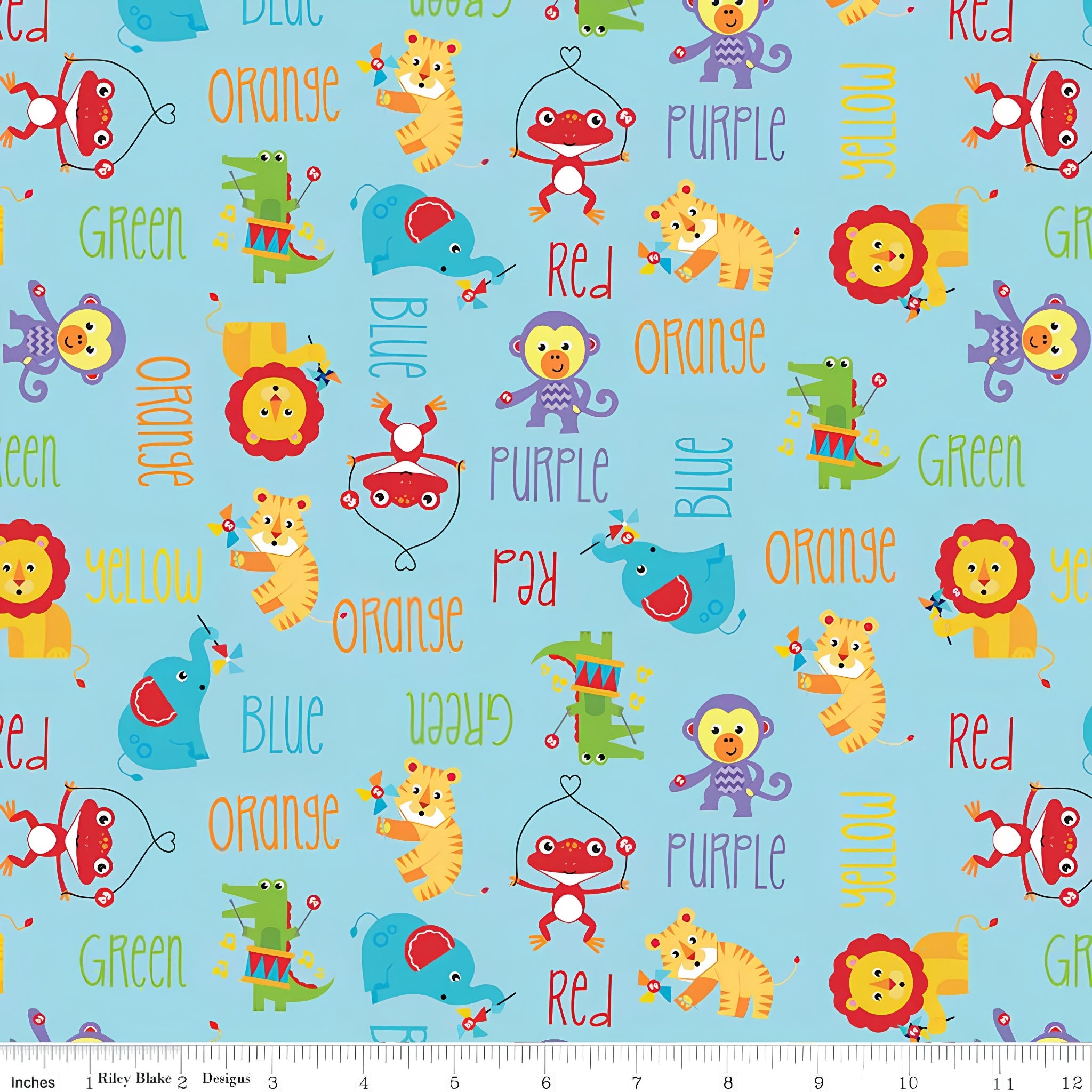 Fisher Price circus animals lions tigers elephants monkeys colour words aqua novelty fabric for children's quilts and nursery décor