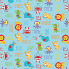 Fisher Price circus animals lions tigers elephants monkeys colour words aqua novelty fabric for children's quilts and nursery décor