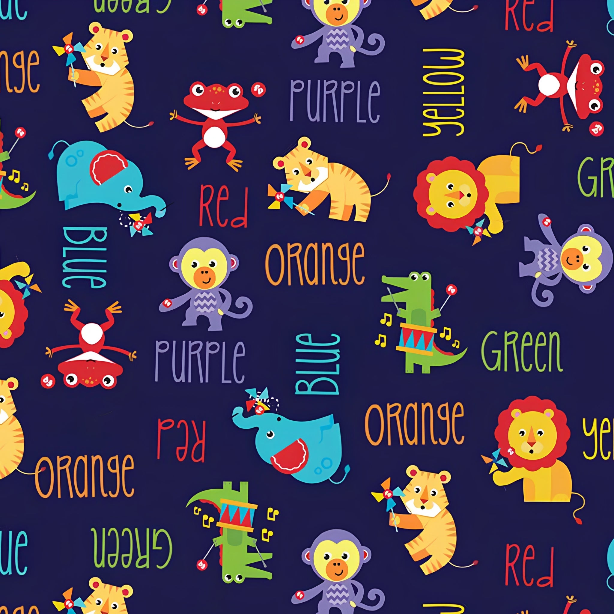 Fisher Price circus animals lions tigers elephants monkeys colour words deep navy novelty fabric for children's quilts and nursery décor