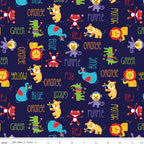 Fisher Price circus animals lions tigers elephants monkeys colour words deep navy novelty fabric for children's quilts and nursery décor