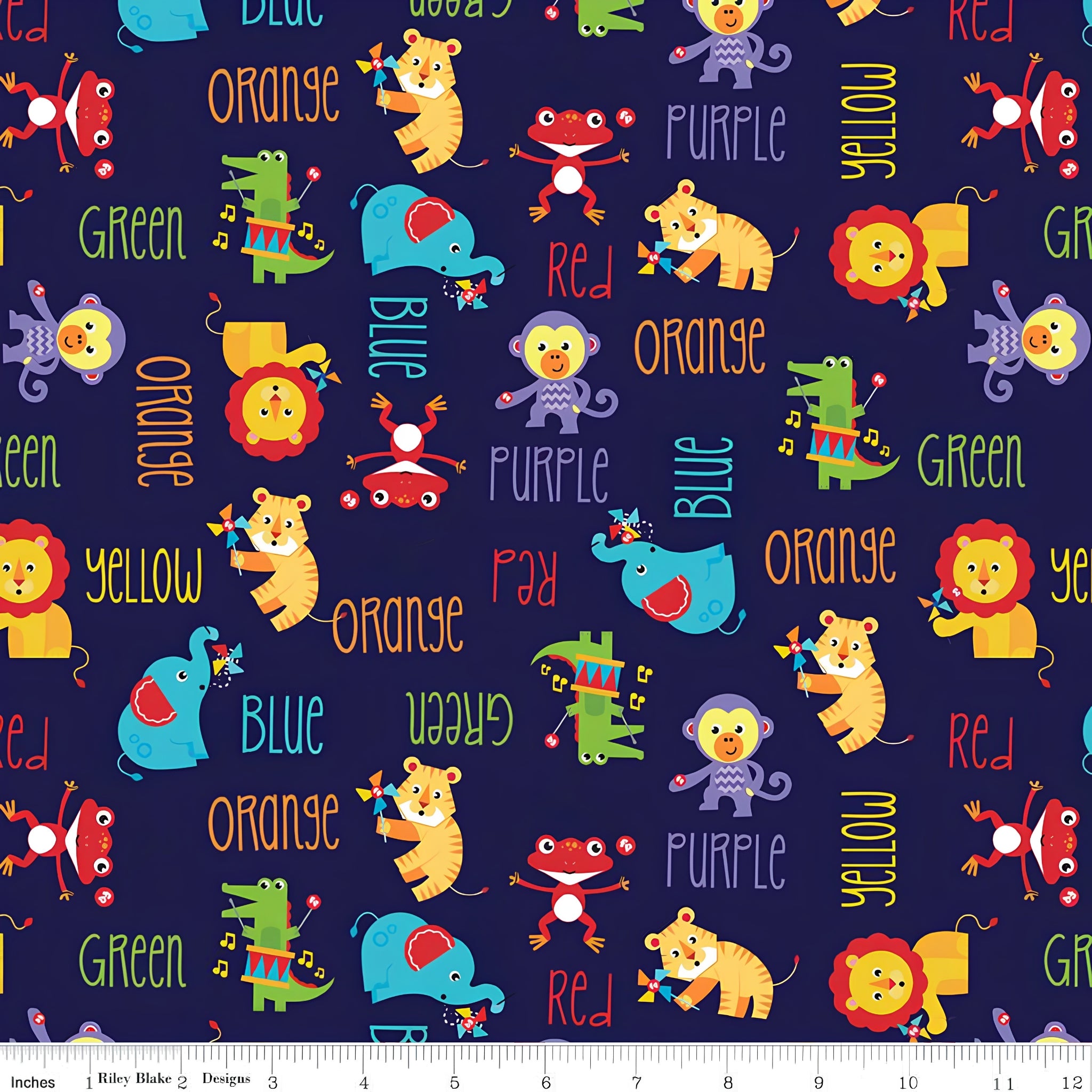 Fisher Price circus animals lions tigers elephants monkeys colour words deep navy novelty fabric for children's quilts and nursery décor