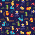Fisher Price circus animals lions tigers elephants monkeys colour words deep navy novelty fabric for children's quilts and nursery décor