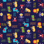 Fisher Price circus animals lions tigers elephants monkeys colour words deep navy novelty fabric for children's quilts and nursery décor