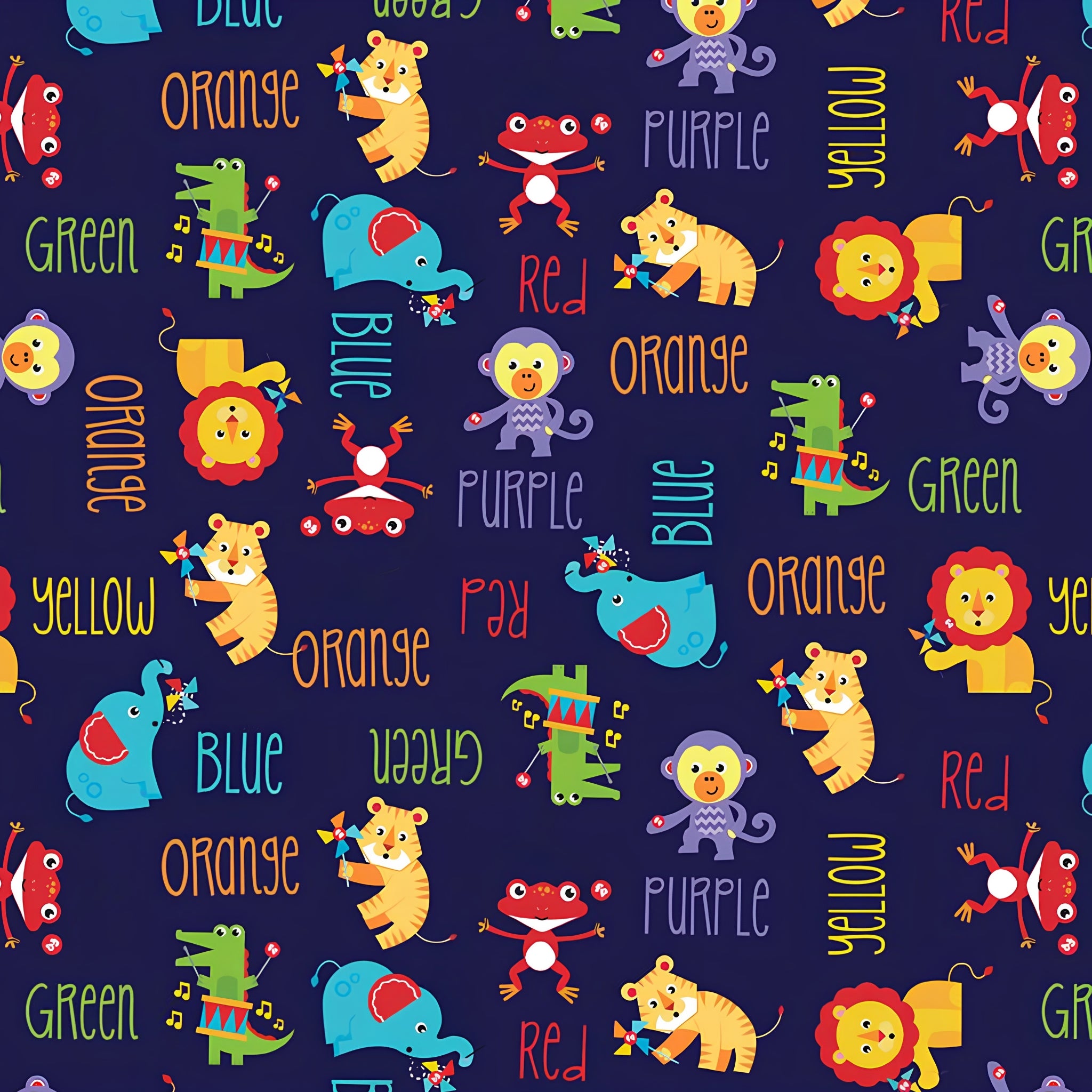 Fisher Price circus animals lions tigers elephants monkeys colour words deep navy novelty fabric for children's quilts and nursery décor