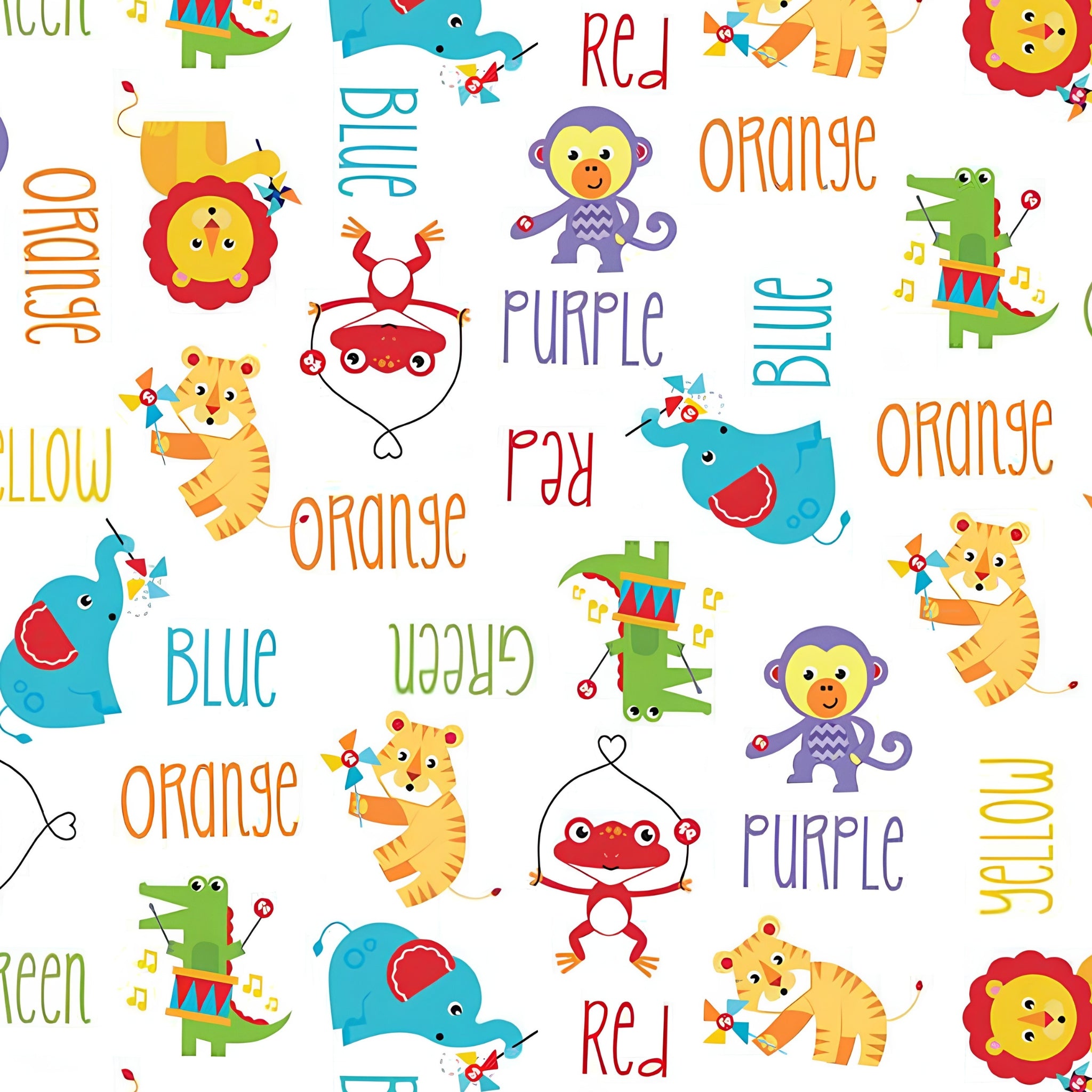 Fisher Price circus animals lions tigers elephants monkeys colour words white novelty fabric for children's quilts and nursery décor