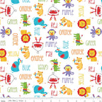 Fisher Price circus animals lions tigers elephants monkeys colour words white novelty fabric for children's quilts and nursery décor
