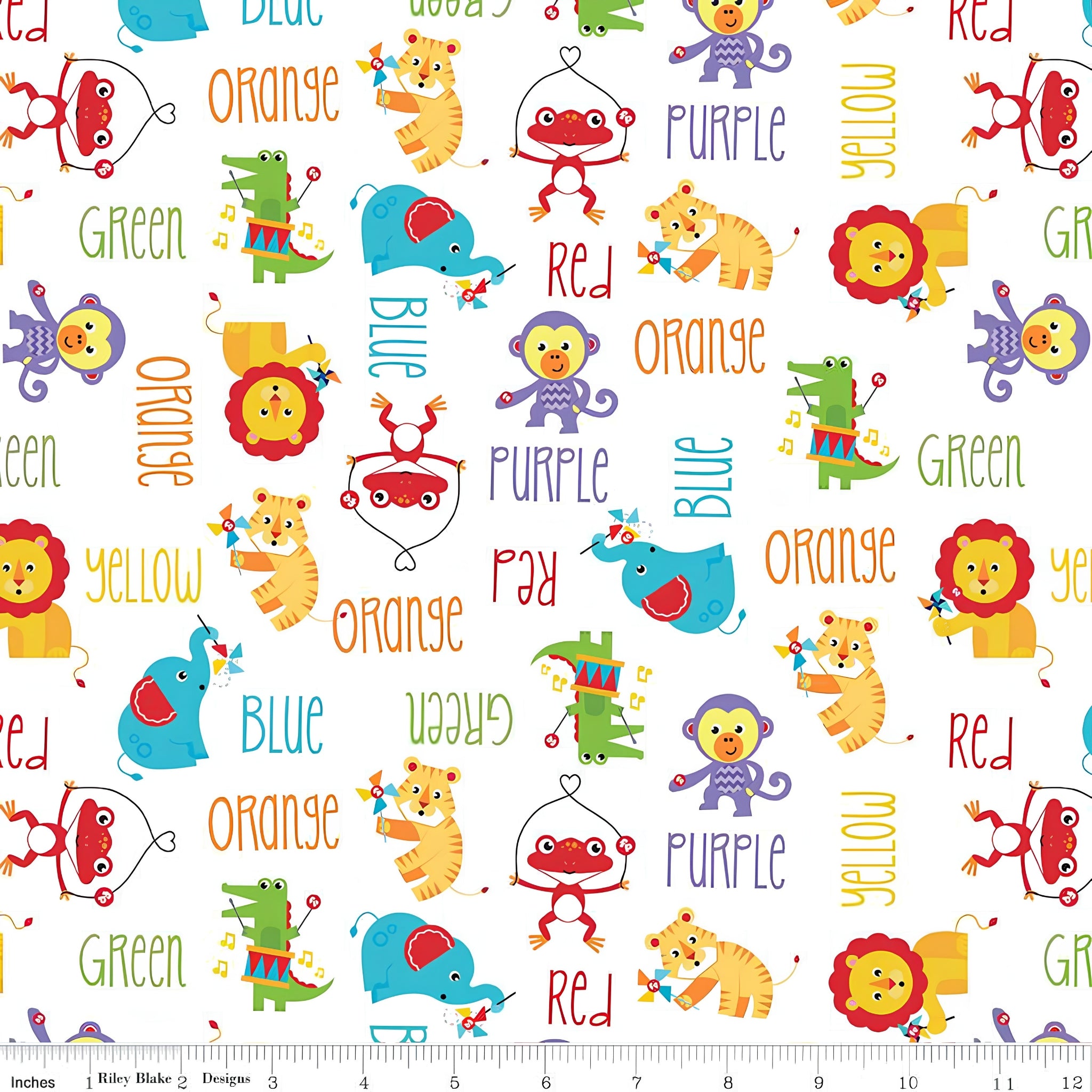 Fisher Price circus animals lions tigers elephants monkeys colour words white novelty fabric for children's quilts and nursery décor
