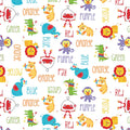 Fisher Price circus animals lions tigers elephants monkeys colour words white novelty fabric for children's quilts and nursery décor