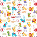 Fisher Price circus animals lions tigers elephants monkeys colour words white novelty fabric for children's quilts and nursery décor