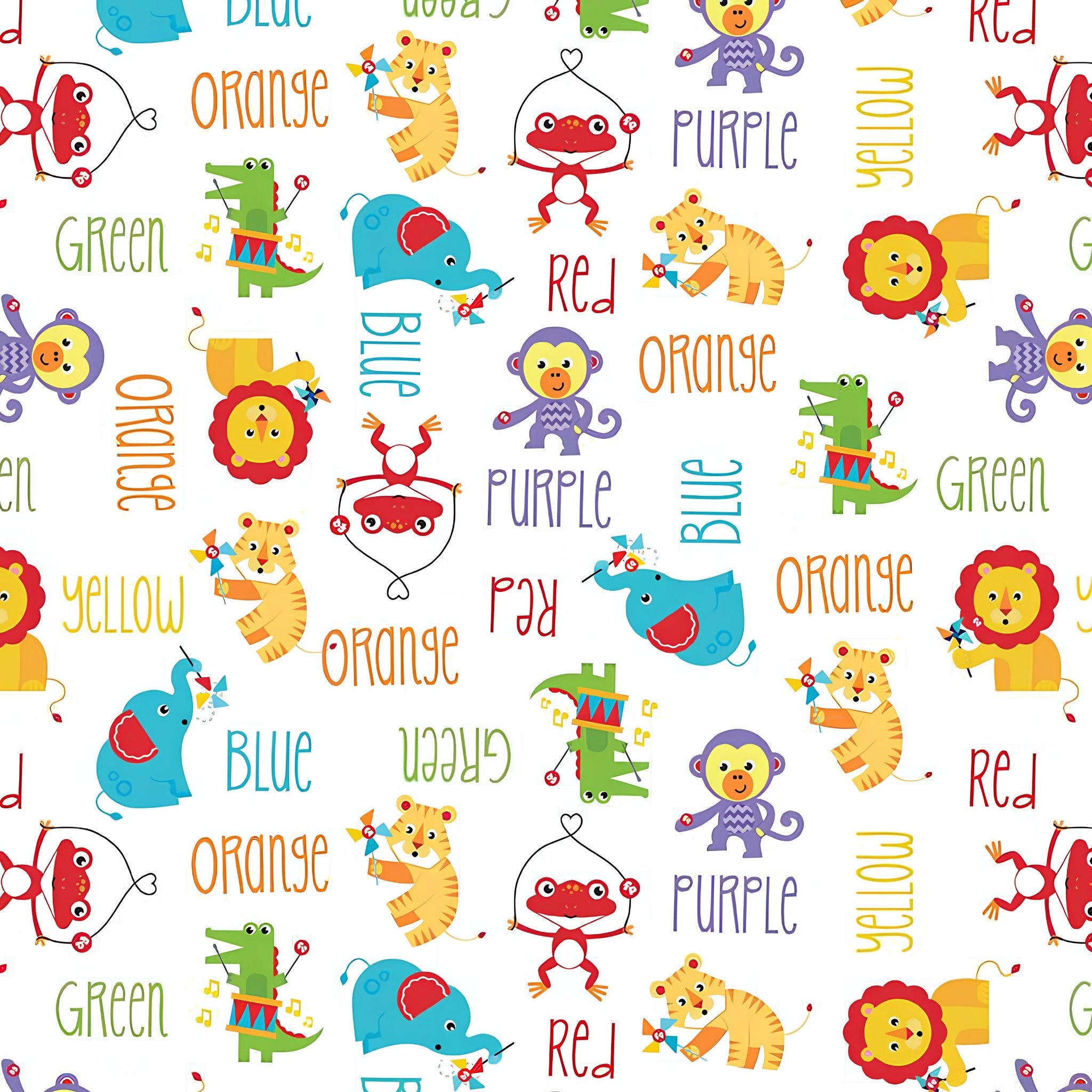 Fisher Price circus animals lions tigers elephants monkeys colour words white novelty fabric for children's quilts and nursery décor