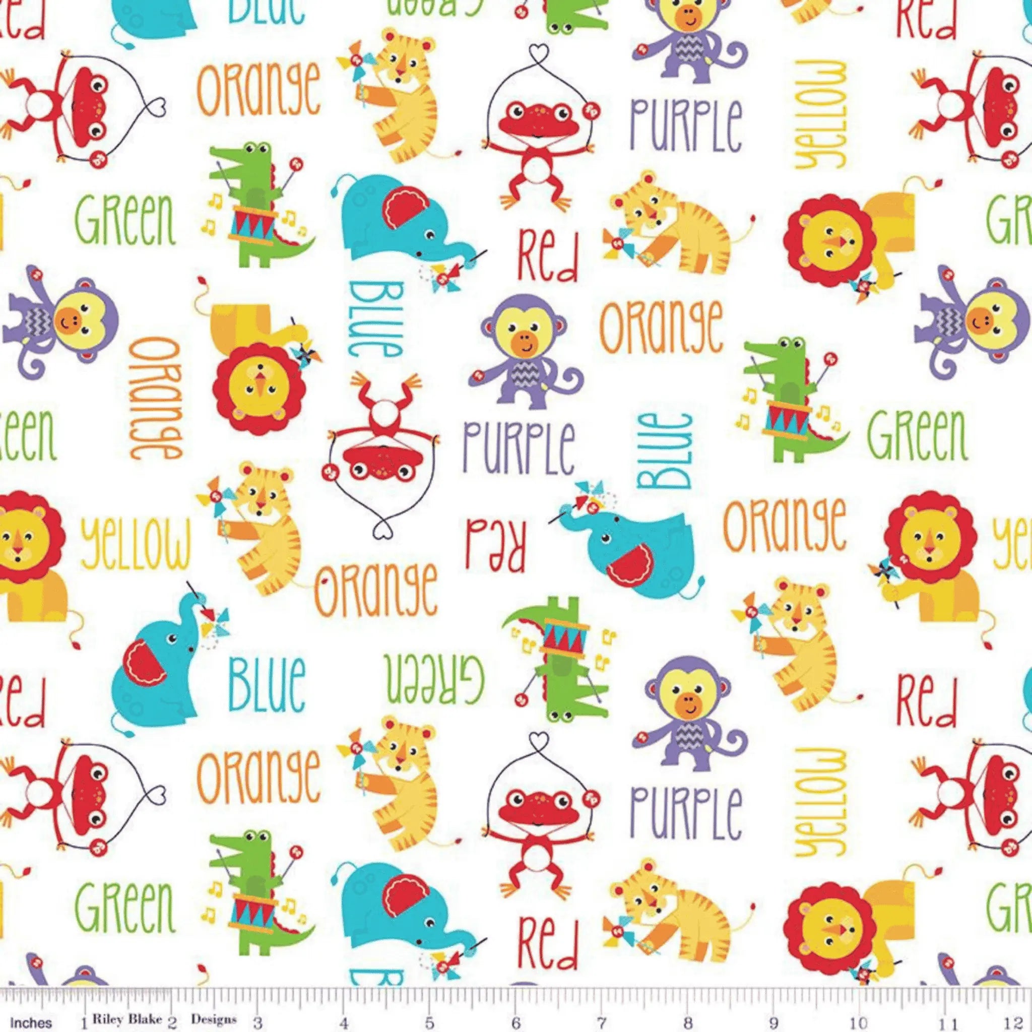 White quilting cotton with Fisher-Price animals and bright colour word motifs