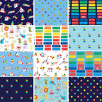 Fisher Price fabric collection swatches 12 prints retro toys xylophone Rock-a-Stack dots circus animals novelty kids quilting cotton Riley Blake