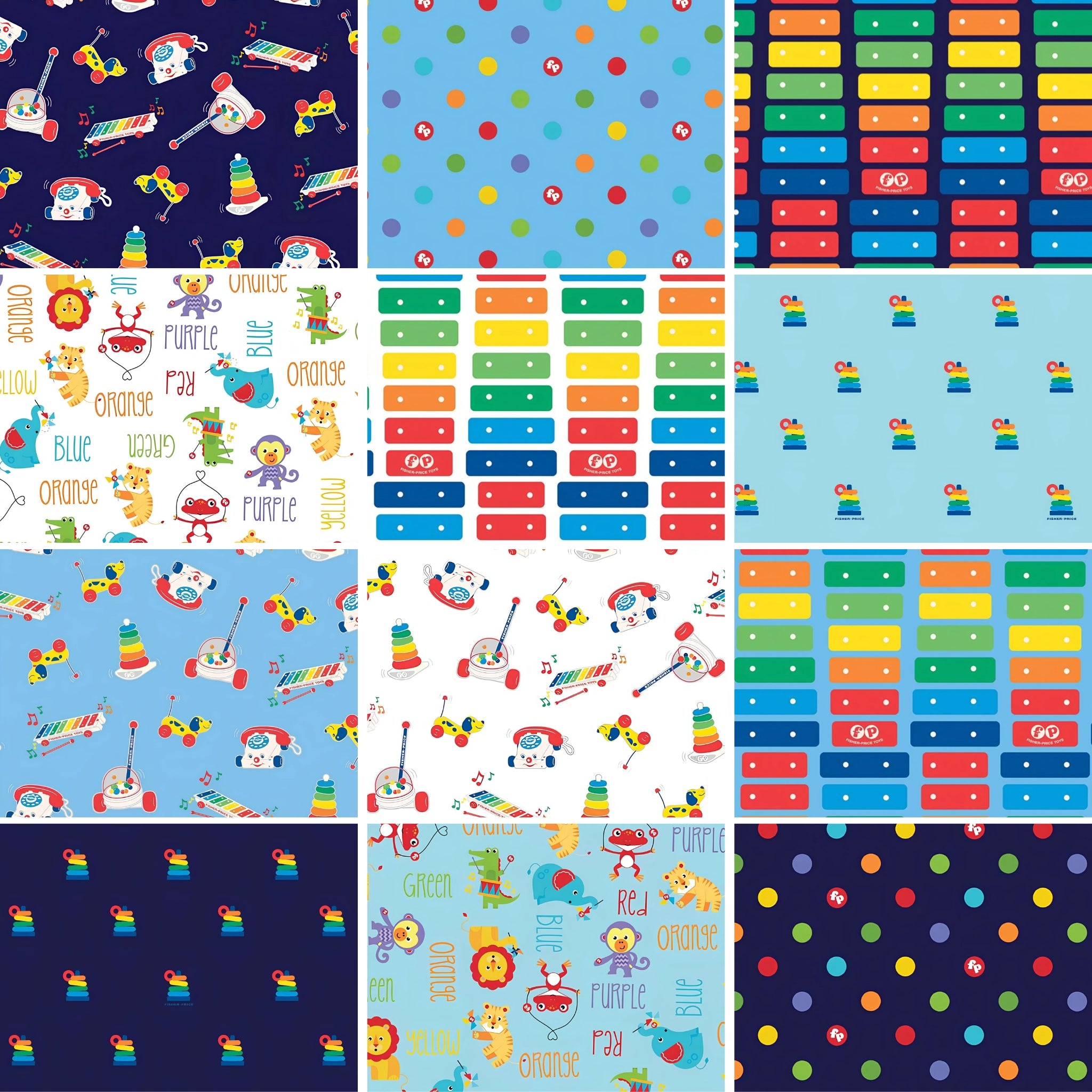 Fisher Price fabric collection swatches 12 prints retro toys xylophone Rock-a-Stack dots circus animals novelty kids quilting cotton Riley Blake