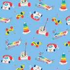Fisher Price retro classic toys Chatter Telephone xylophone pull-along dog blue novelty fabric for children's quilts and nursery décor