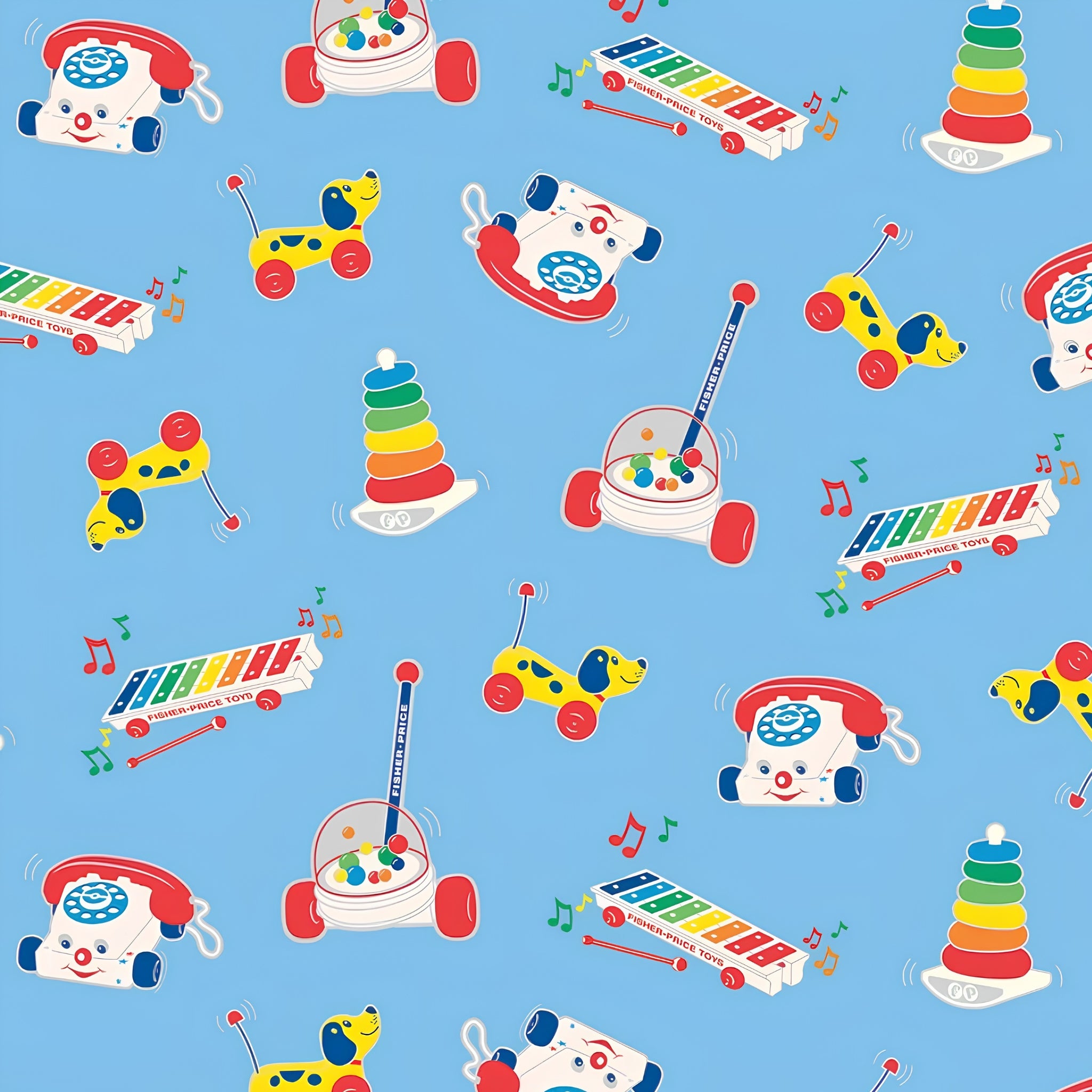 Fisher Price retro classic toys Chatter Telephone xylophone pull-along dog blue novelty fabric for children's quilts and nursery décor