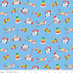 Fisher Price retro classic toys Chatter Telephone xylophone pull-along dog blue novelty fabric for children's quilts and nursery décor