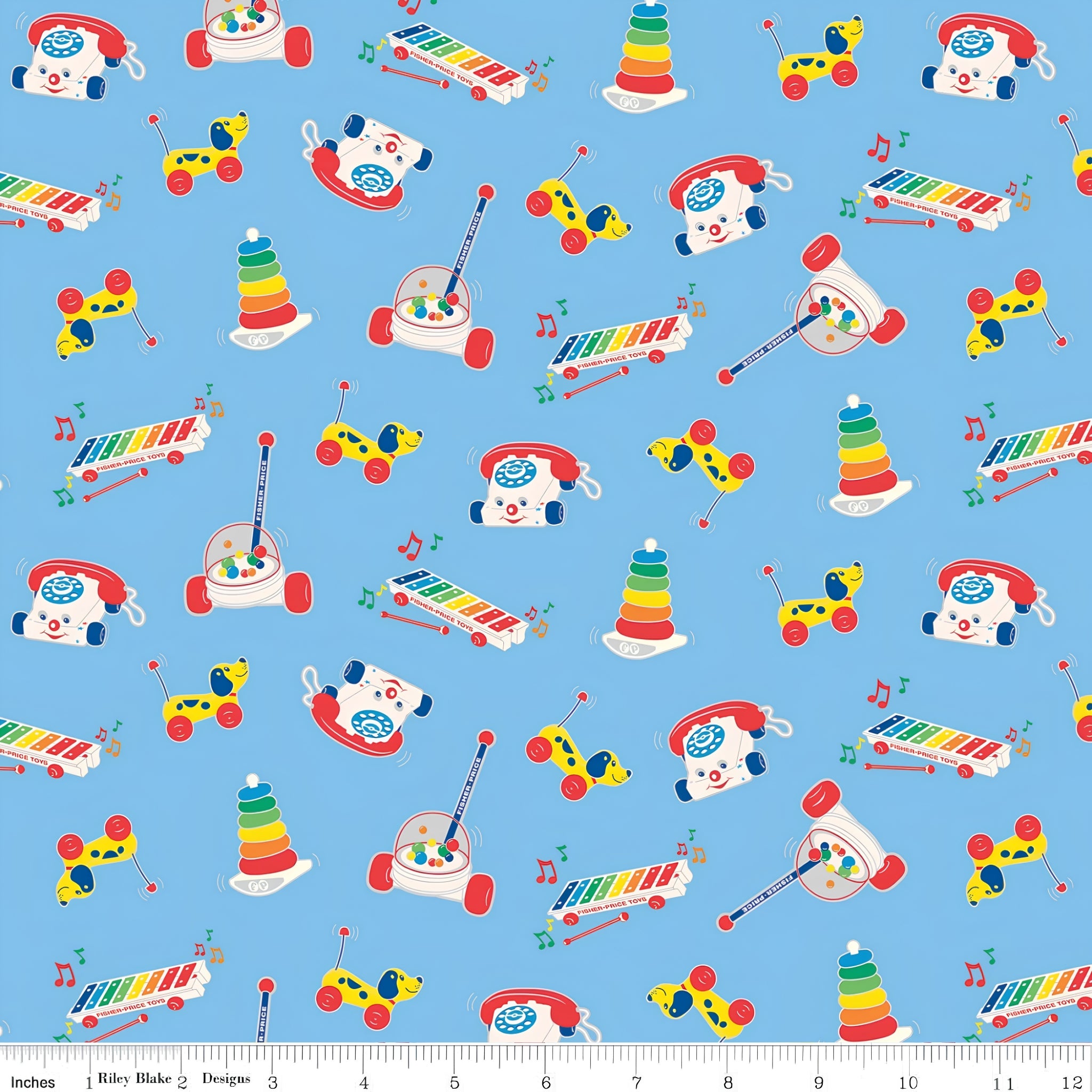 Fisher Price retro classic toys Chatter Telephone xylophone pull-along dog blue novelty fabric for children's quilts and nursery décor