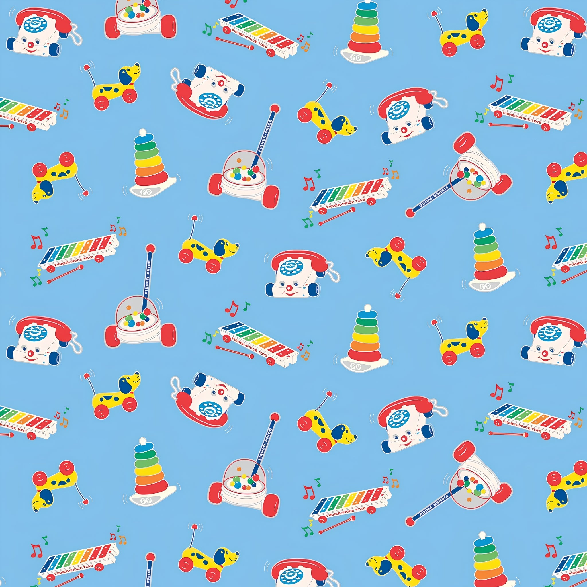 Fisher Price retro classic toys Chatter Telephone xylophone pull-along dog blue novelty fabric for children's quilts and nursery décor