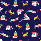 Fisher Price retro classic toys Chatter Telephone xylophone pull-along dog deep navy novelty fabric for children's quilts and nursery décor