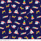Fisher Price colourful retro classic toys Chatter Telephone xylophone pull-along dog deep navy novelty fabric for children's quilts and nursery décor