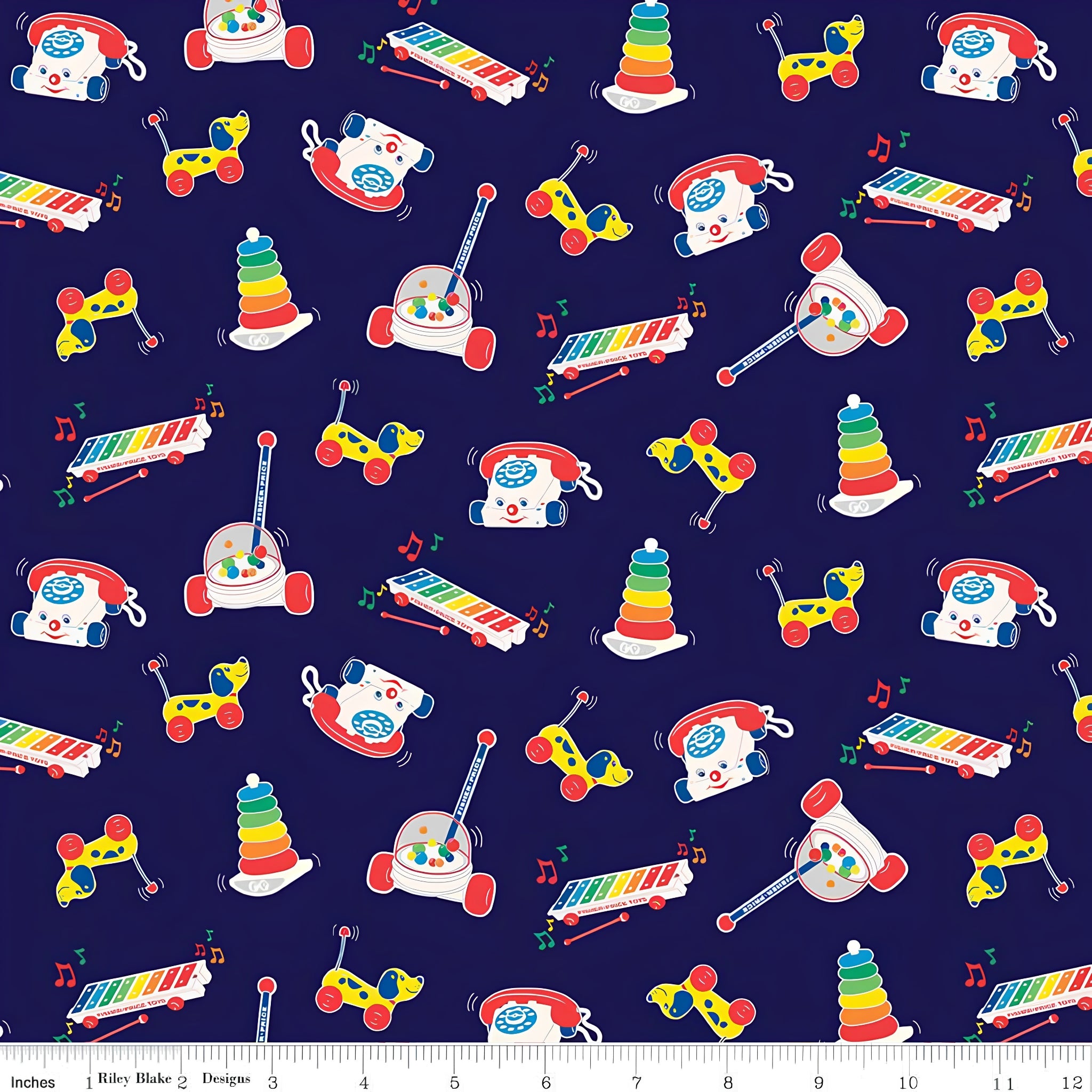 Fisher Price colourful retro classic toys Chatter Telephone xylophone pull-along dog deep navy novelty fabric for children's quilts and nursery décor
