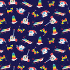 Fisher Price colourful retro classic toys Chatter Telephone xylophone pull-along dog deep navy novelty fabric for children's quilts and nursery décor