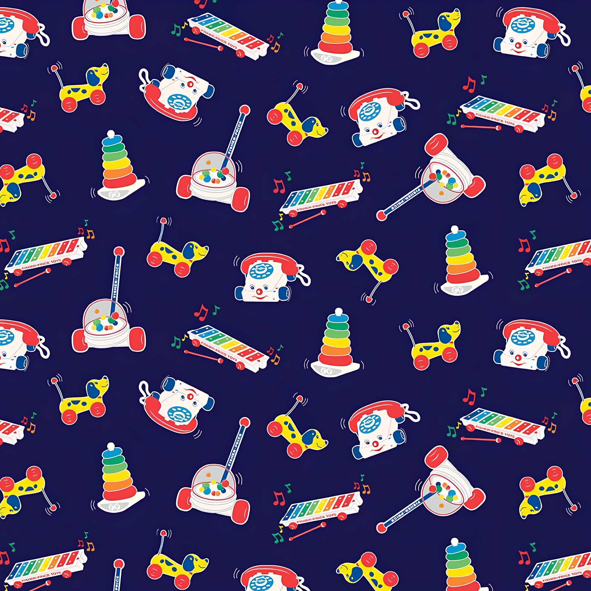 Fisher Price colourful retro classic toys Chatter Telephone xylophone pull-along dog deep navy novelty fabric for children's quilts and nursery décor