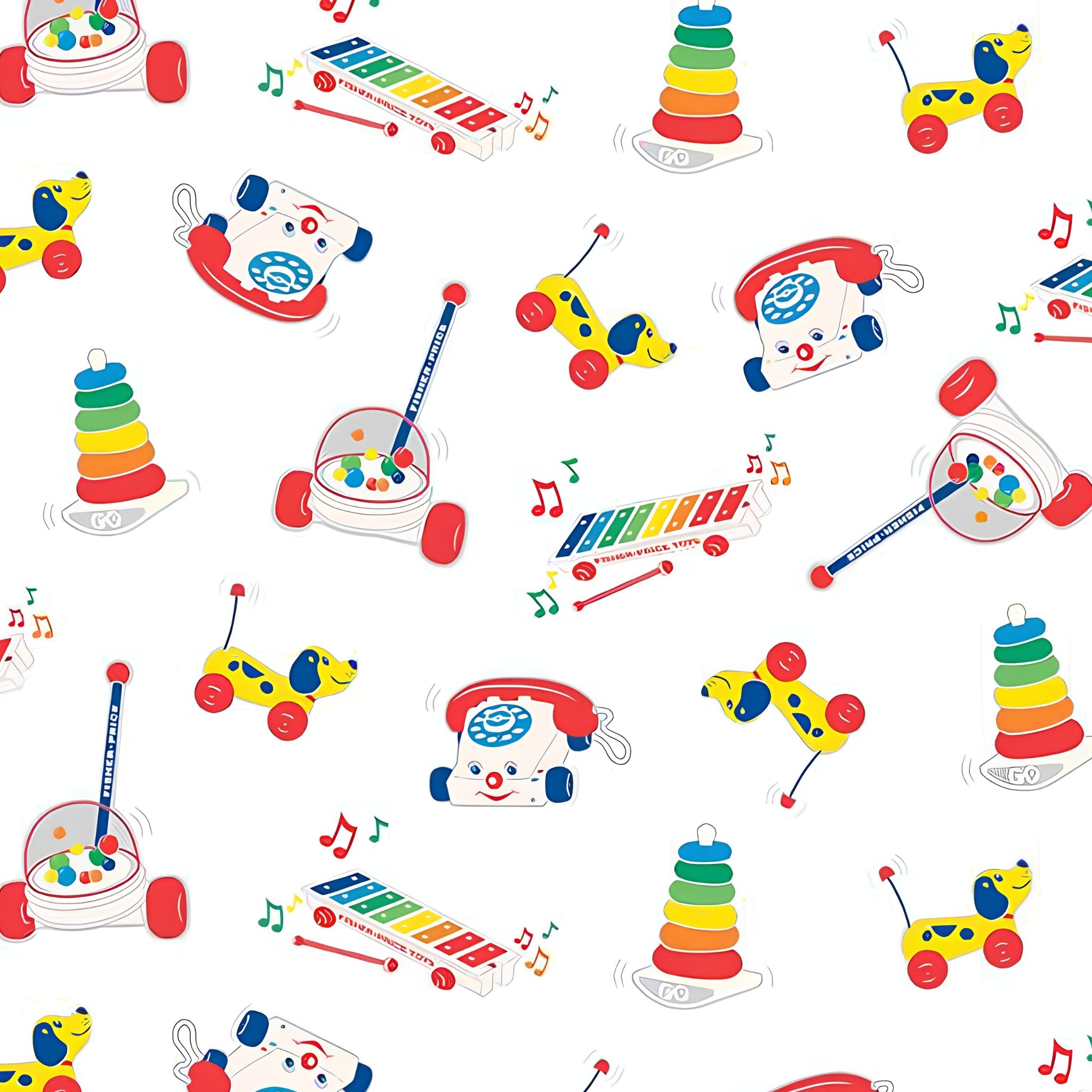 Fisher Price retro classic toys Chatter Telephone xylophone pull-along dog white novelty fabric for children's quilts and nursery décor