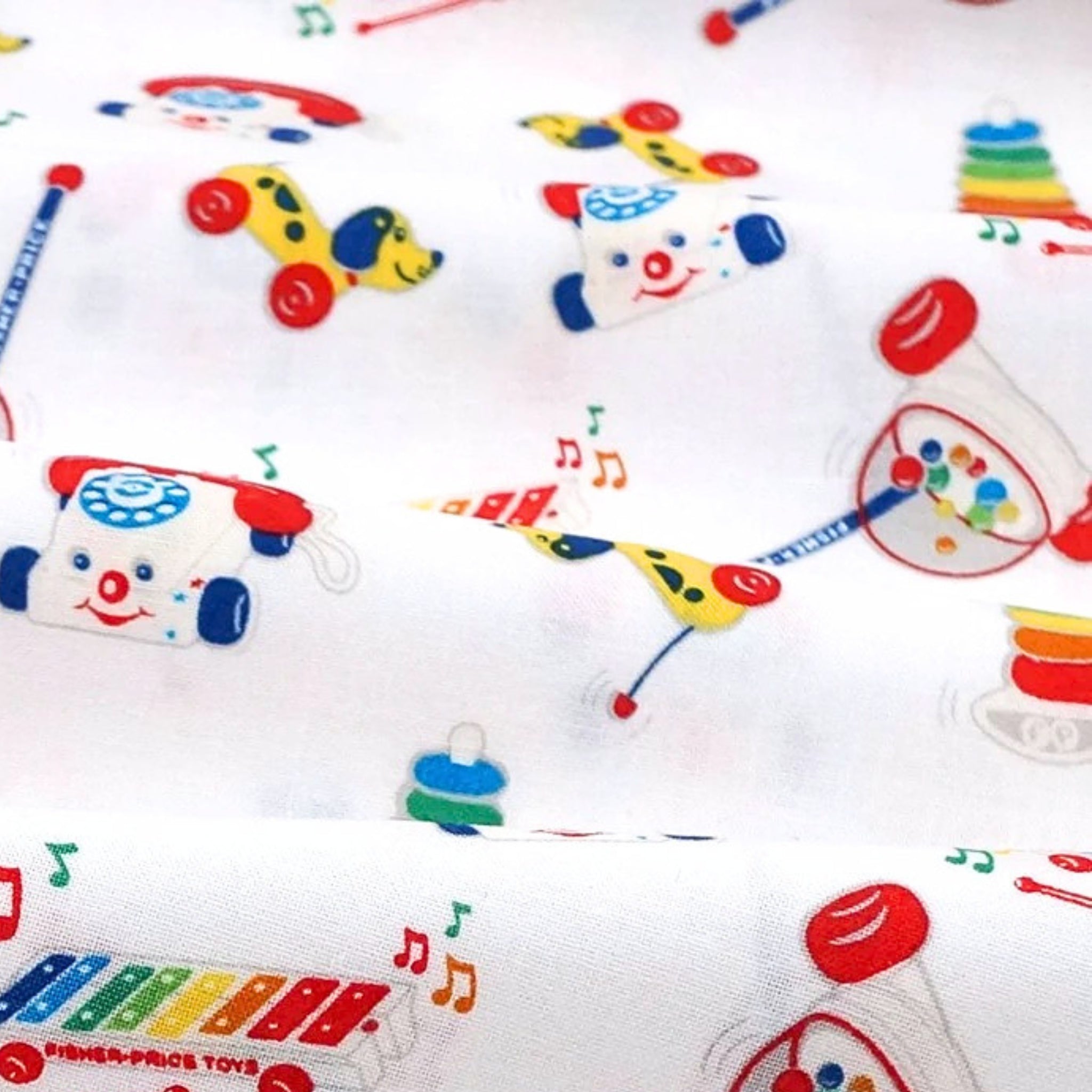 Fisher Price colourful retro classic toys Chatter Telephone xylophone pull-along dog white novelty fabric for children's quilts and nursery décor