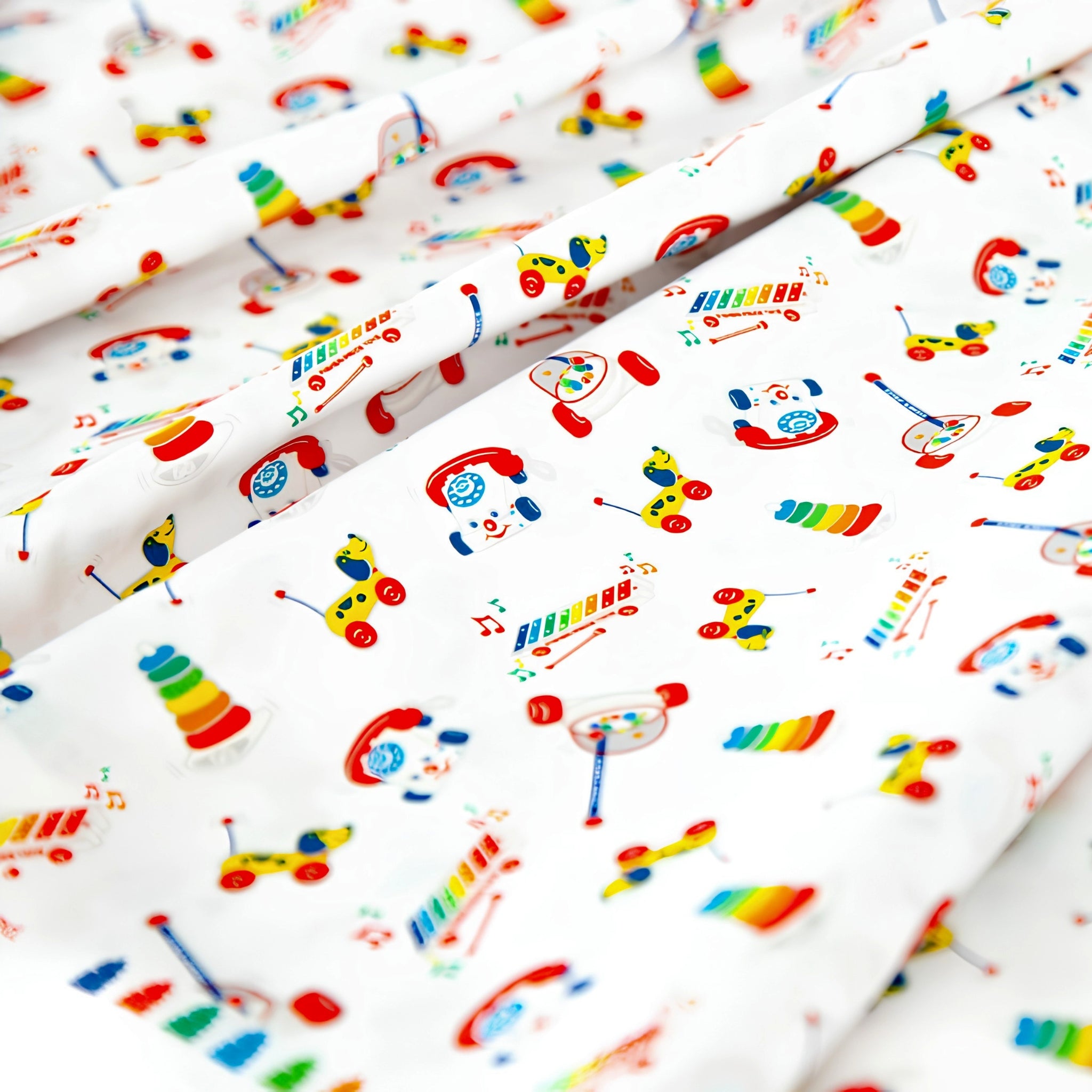 Fisher Price rainbow retro classic toys Chatter Telephone xylophone pull-along dog white novelty fabric for children's quilts and nursery décor