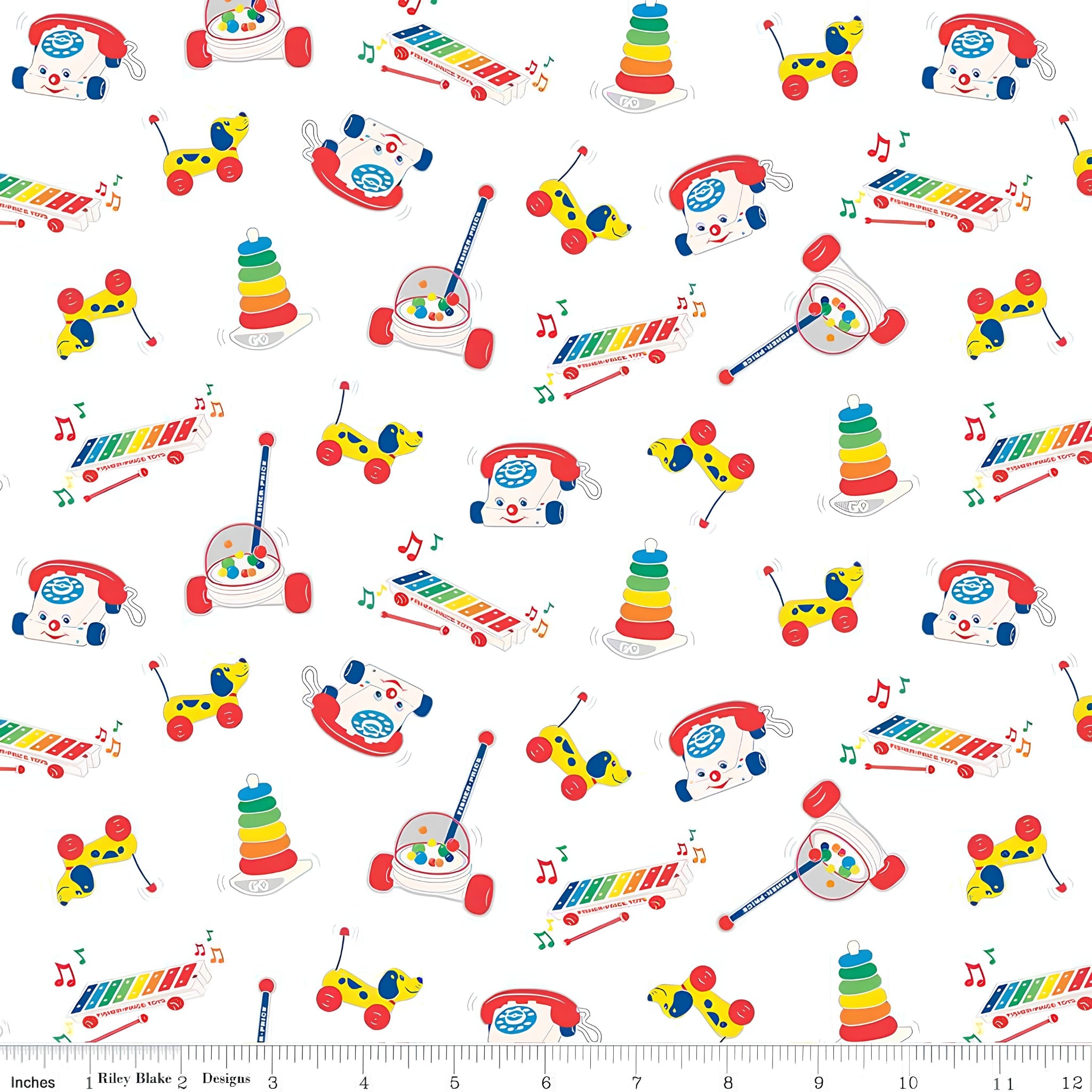 Fisher Price colourful retro classic toys Chatter Telephone xylophone pull-along dog white novelty fabric for children's quilts and nursery décor