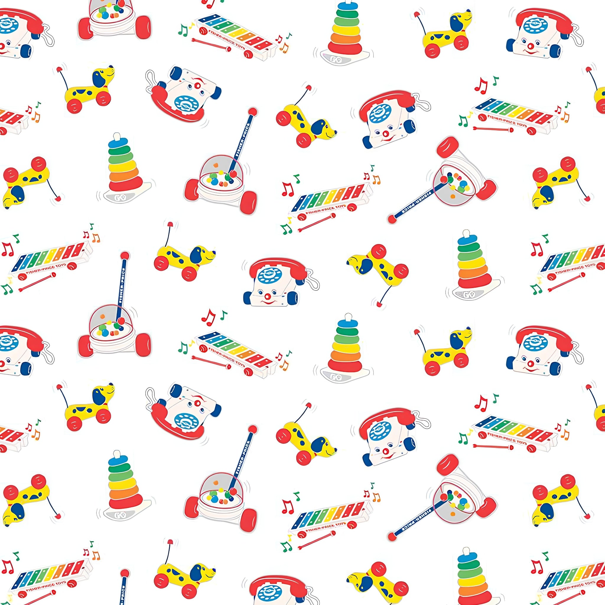 Fisher Price retro classic toys Chatter Telephone xylophone pull-along dog white novelty fabric for children's quilts and nursery décor